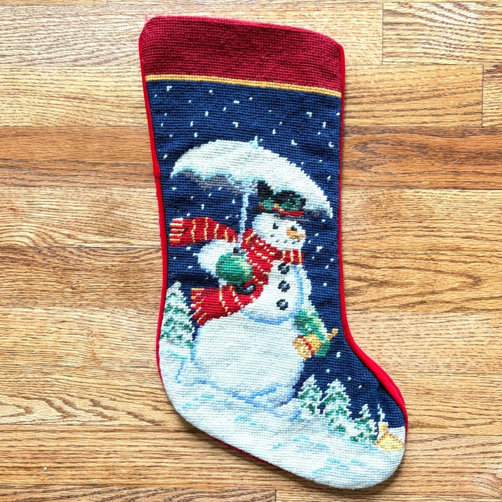 Vintage Needlepoint Christmas Stocking Snowman Umbrella Red Velvet